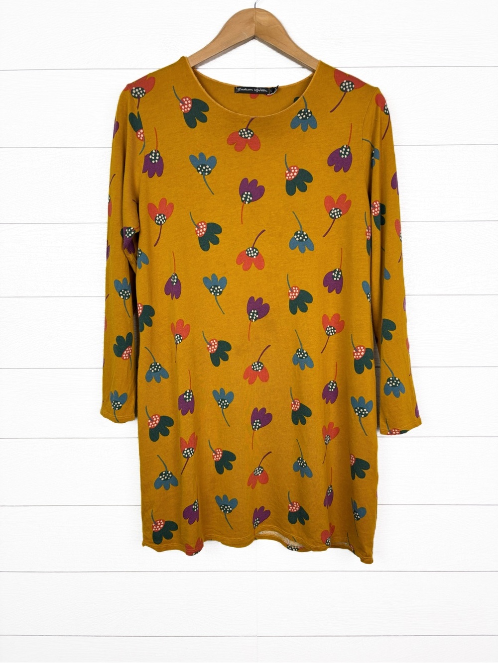 Gudrun Sjoden Mustard Yellow Floral Cotton Tunic Top Dress Large